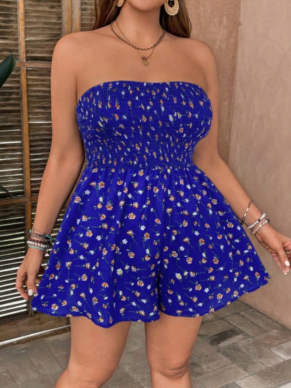 NWOT Shein Curve Smocked Blue Ditsy Floral Shirred Tube Top Romper Size 0XL